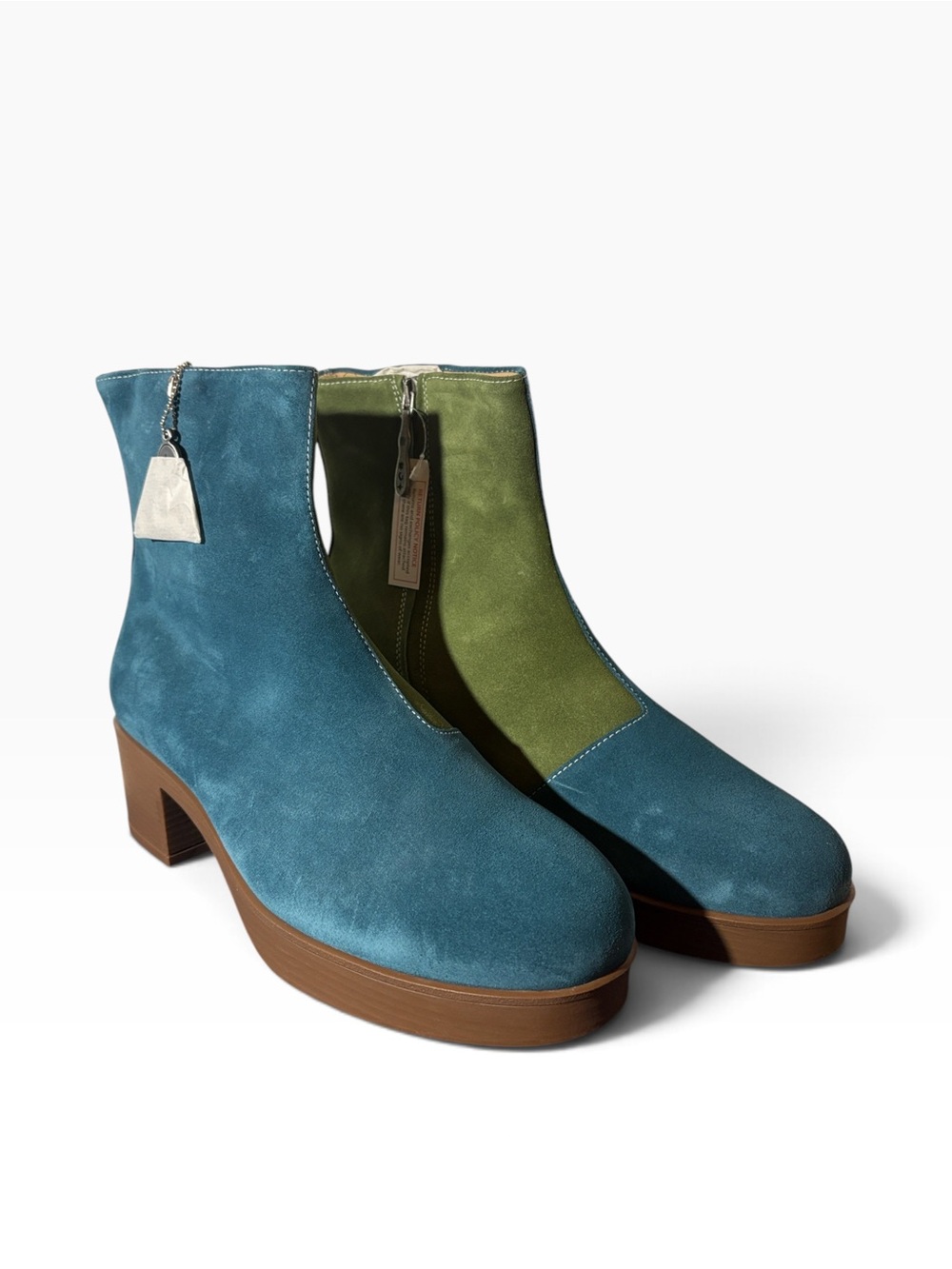Lazo Siren Block Heel Labradorite Blue/Olive Green Suede Ankle Boots - Size W11